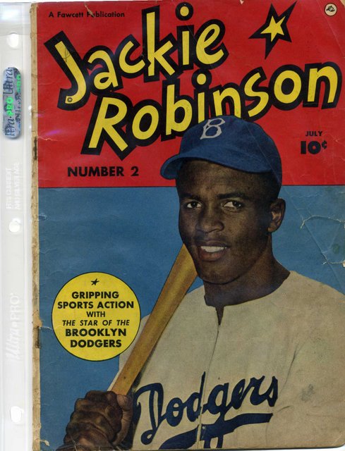 Back cover of Jackie Robinson comic book. Half-length portrait of