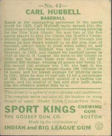 1933 Sport Kings card of Carl Hubbell