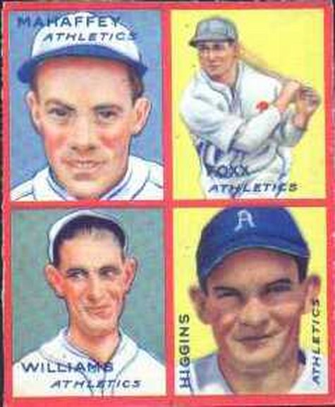 1935 Goudey card of Foxx, Higgins, Mahaffey and Williams