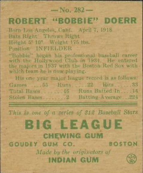 1938 Goudey card #282 of Bobby Doerr