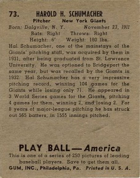 1939 Play Ball card #73 of Hal Schumacher