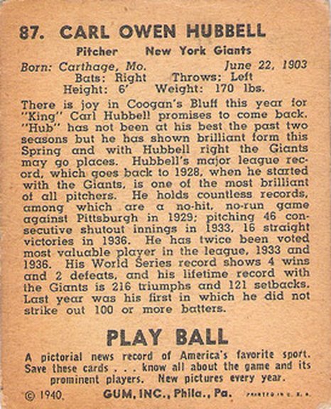 1940 Play Ball card #87 of Carl Hubbell