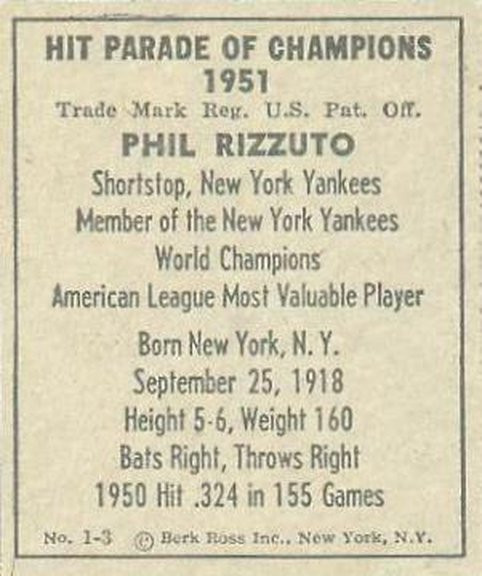 1951 Berk Ross #1-3 of Phil Rizzuto