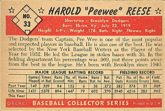 1953 Bowman color card #33 of Pee Wee Reese