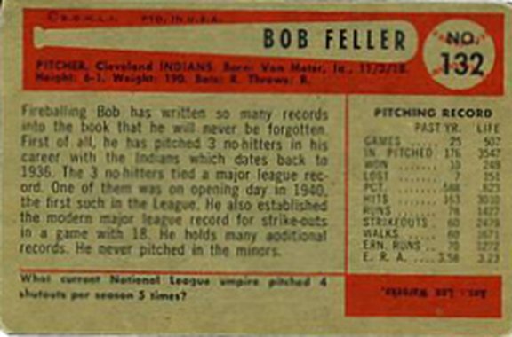 1954 Bowman card #132 of Bob Feller