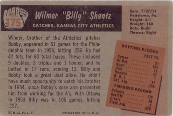1955 Bowman card #175 of Wilmer Shantz