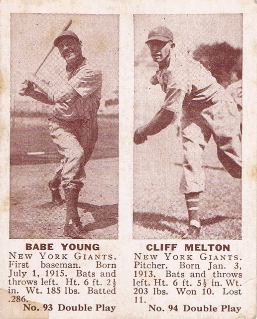 1941 Double Play card #93/94 of Babe Young and Cliff Melton