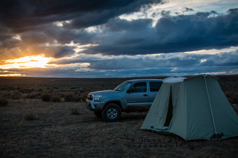 Tent pitched on dry lake bed