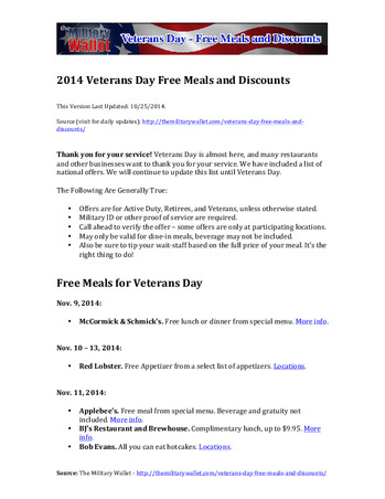 2014 Veterans Day Free Meals & Discounts