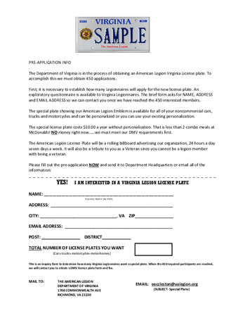 Forms for DMV American Legion Plate