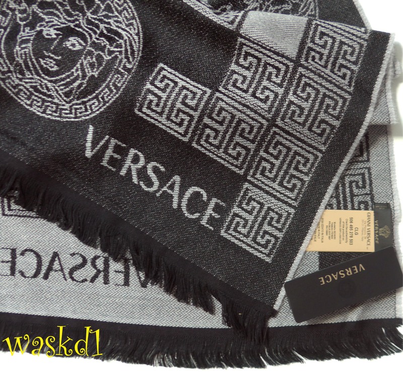 VERSACE black & gray 100 Wool PATCHWORK MEDUSA fringed long scarf NWT