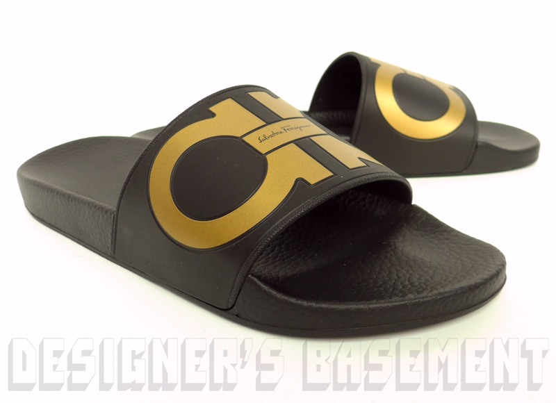 black and gold ferragamo slides