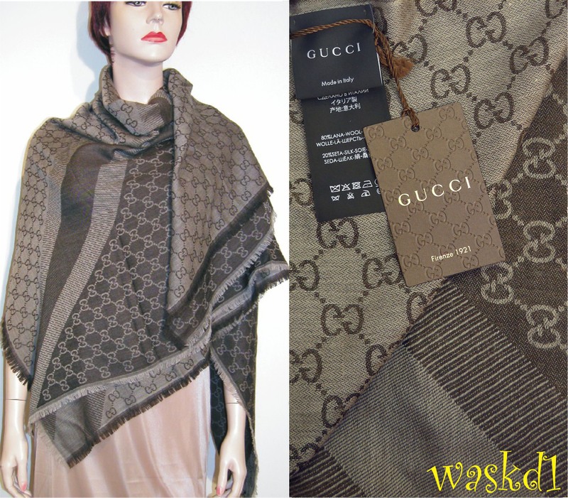 GUCCI wool/silk Taupe Brown GGWEB Monogram 55"sqr scarf PASHMINA shawl NWT Auth eBay